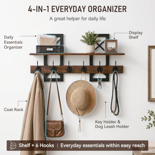 33.86" Wall Mounted Coat Rack with Shelf, Heavy Duty Entryway Wall Organizer with 6 Dual Hooks and Key Holder, Rustic Wood Coat Hanger for Coats, Bags, Hats, Hallway, Mudroom, Bathroom (Rustic Brown) - Image 2