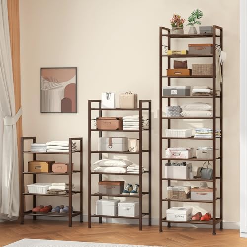 usikey 10 Tiers Narrow Shoe Rack 20-30 Pairs, Sturdy Metal Tall Shoe Rack Shelf with 4 Hooks, Slim Shoe Storage with Metal Shelf, Space Saving Vertical Shoe Organizer for Closet Entryway, Bronze - Image 4