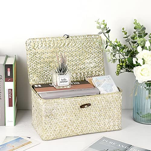 Hipiwe Seagrass Storage Basket Bins with Lid Handwoven Wicker Shelf Baskets - Image 6