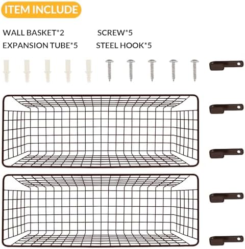 Kinlink 2 Sets Brown Extra Large Hanging Wall Basket with Steel Hooks - Image 4