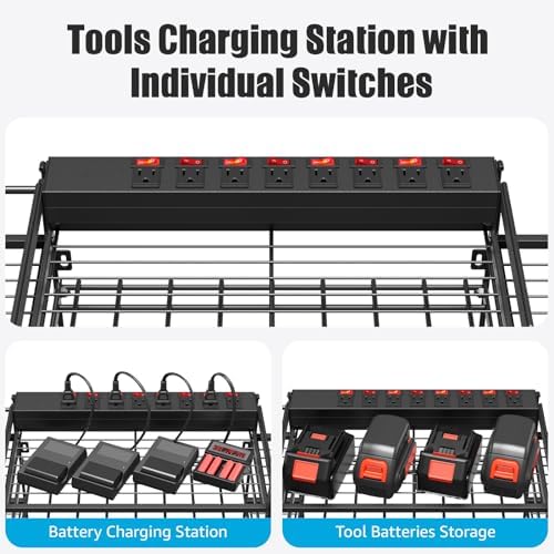 CCCEI Black Power Tool Organizer Wall Mount, Large Tools and Battery Storage Rack Charging Station Individual Switches. Drills Holder, Garage Utility Shelves with 6FT Power Strip. Gift for Men. - Image 2