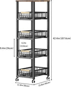 CarolynDesign Metal Wire Baskets with Wheels, Kitchen Storage Stackable Vegetable Fruit Cart Bins with Pull Out Wooden Handel Mat Bottom Sliding Dawers, for Bathroom, Garage and Pantry - Image 2