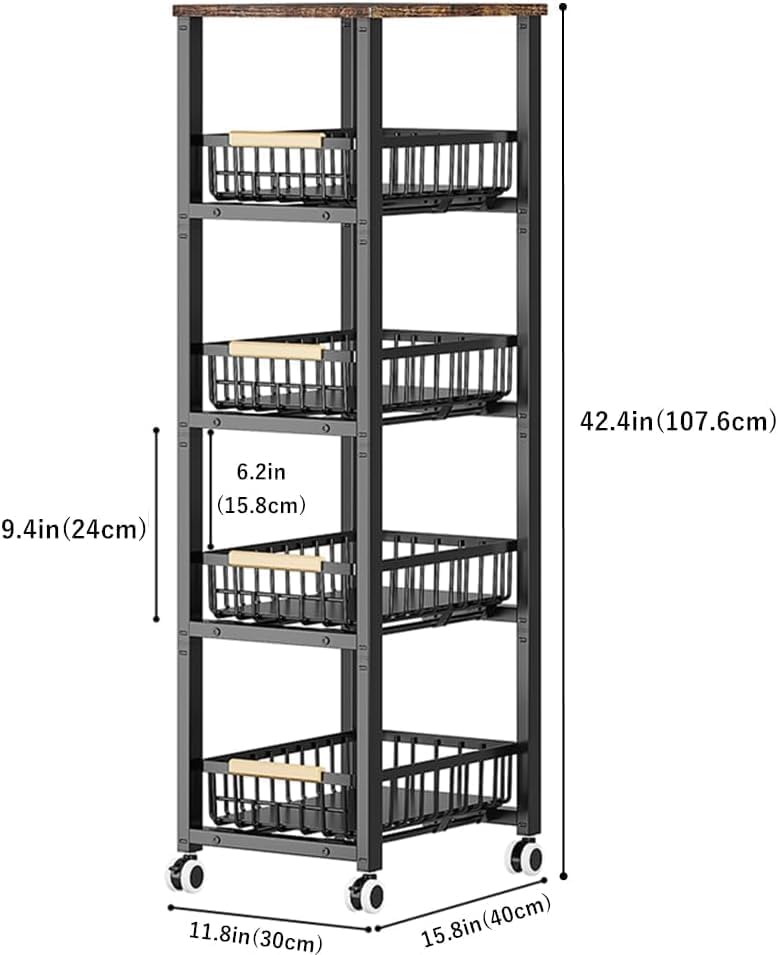 CarolynDesign Metal Wire Baskets with Wheels, Kitchen Storage Stackable Vegetable Fruit Cart Bins with Pull Out Wooden Handel Mat Bottom Sliding Dawers, for Bathroom, Garage and Pantry - Image 2