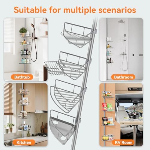 Corner Shower Caddy Tension Pole Rustproof, 4 Tier Adjustable Shower Organizer Tension Pole, 25-125 Inch Bathroom Shower Organizer for Bathtub Shampoo Storage, Silver - Image 7