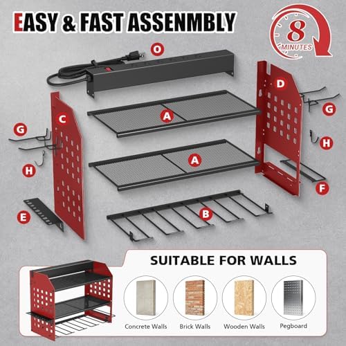SUNALLY Power Tool Organizer Wall Mount with Charging Station,3 Layer, Red - Image 4