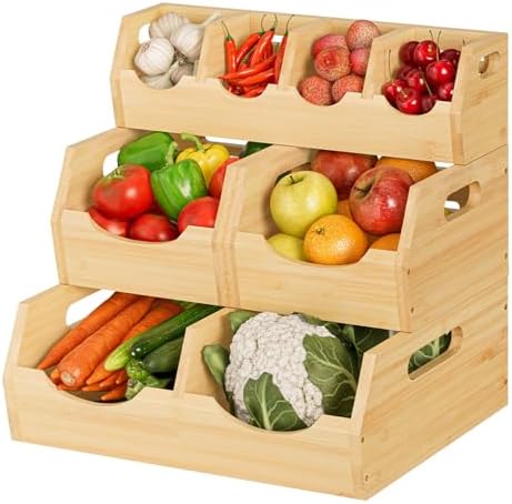 Upgraded 3-Tier Bamboo Pantry Storage Bins, Ventilated Stackable Potato & Onion Organizer w/ Spice Tray & 3 Veggies Baskets for Kitchen, Pantry, Bathroom & Living Room by MTGSTOCL