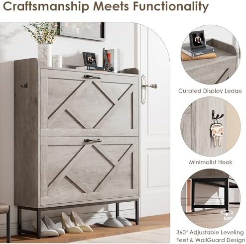 Nicetree Shoe Storage Cabinet with 2 Flip Drawers, Entryway Organizer, Gray - Image 5