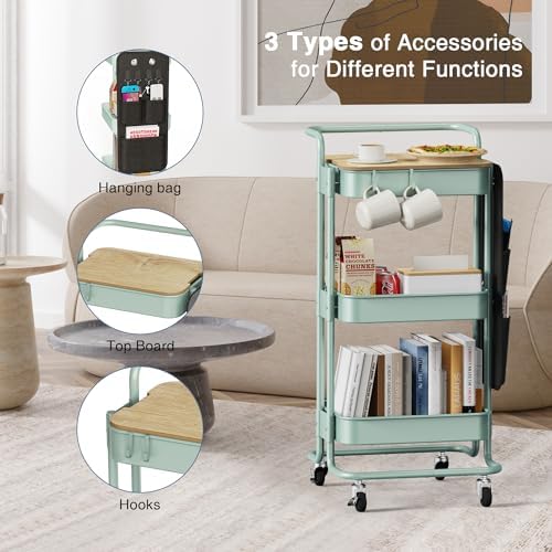 DTK 3-Tier Rolling Cart with Table Top, Metal Utility Cart with Side Bags - Image 5