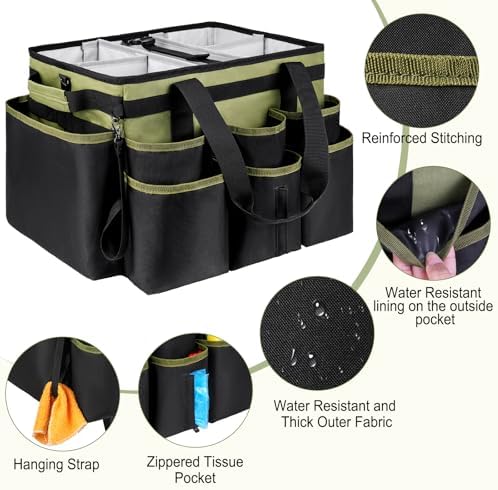 Large Rolling Cleaning Caddy Bag with Detachable Trolley,Cleaning Cart on Wheels with Shoulder Strap,Cleaning Supplies Organizer for Housekeepers,Green - Image 4