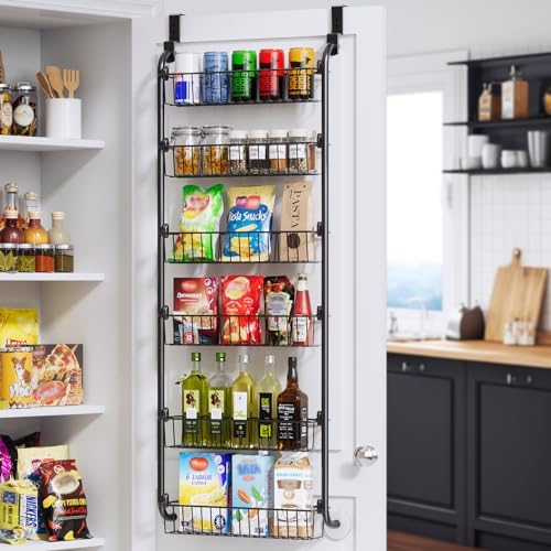 Delamu Over the Door Pantry Organizer, 6-Tier Metal Pantry Door Organization and Storage, Hanging Kitchen Basket Spice Rack Seasoning Shelves, Cabinet Door Organizer for Easy Install,D5xW18xH50inch by DELAMU