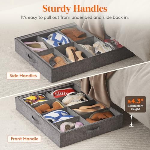Lifewit Under Bed Shoe Storage Organizer Fits 8 Pair Sneakers, 4.3 Inches Tall Sturdy Structure Ultra Thick Fabic Sneaker Storage, Foldable Underbed Shoe Boxes for Heels, Boots, Sports Shoes 4 Pack - Image 6
