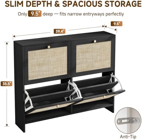 Nicetree Shoe Cabinet Storage for Entryway, 4-Flip Drawer Narrow Shoe Rack with Adjustable Shelves, Boho Modern Square Rattan Shoe Organizer, Slim Wood Storage Cabinets for Small Spaces Fits Size 13.5 - Image 2