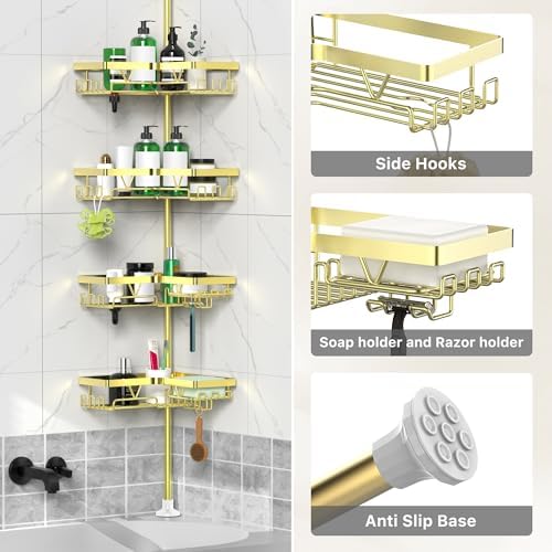 DAOYA Shower Caddy Tension Pole, Gold Corner Shower Caddy Organizer 4 Tier - Image 5