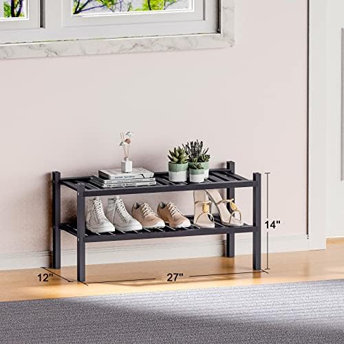 ROMGUAR CRAFT 2 Tier (Thick) Bamboo Shoe Rack for Closet Free Standing Wood Shoe Shelf for Entryway Small Space Stackable 27"x12"x14" (Black) - Image 3