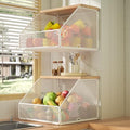Stackable Fruit Basket for Kitchen Countertop Space Saving, Wall Mounted Mesh Metal Wire Basket with Wood Lid Extra Storage, 2 Pack Kitchen Counter Organizer for Snack, Onion and Potato Storage, White by Litwaro