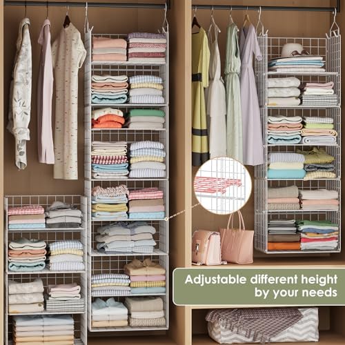 X-cosrack 8-Tier Closet Hanging Organizer Shelf - Hanging Clothes Organizer Shelves, Metal & Foldable Hanging Closet Organizer Baskets with Adjustable Dividers for Clothing Sweaters Shoes Handbags - Image 5