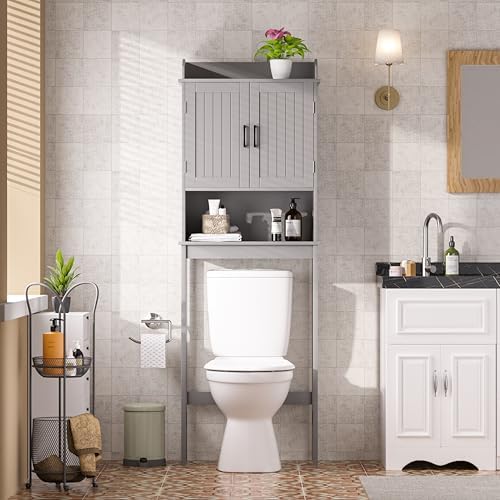 Yardenaler Over-The-Toilet Storage Shelf with Doors, Bathroom Freestanding Organizer Space Saver with Adjustable Shelf, Gray by Yardenaler