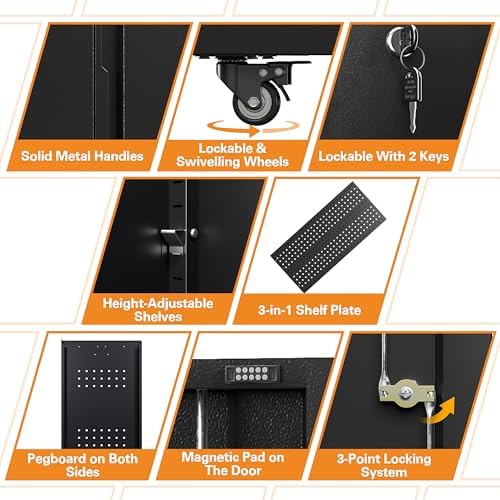 71" H Metal Tool Storage Cabinet with Lock and Wheels, Heavy Duty Garage Cabinet with 4 Doors and 2 Adjustable Shelves, Tool Organizer with Pegboard for Garage, Warehouse(Black, 71" H) - Image 4