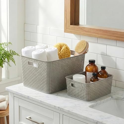 BINO | Plastic Storage Baskets, 33 Liter - 3 Pack, Natural Grey | THE WOVEN COLLECTION | Storage Basket for Shelves | Woven Storage Baskets for Organizing Bins | Pantry Shelf Organizer | Container Bin - Image 3