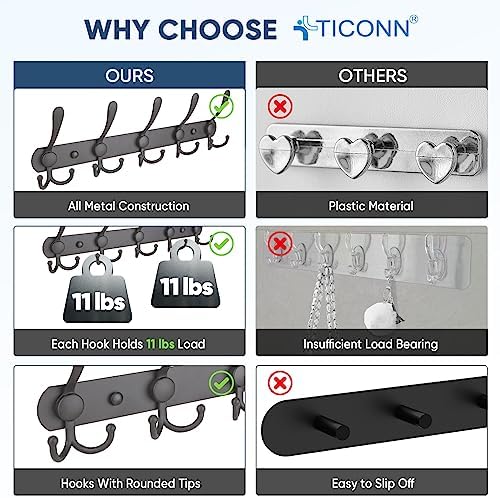 TICONN Wall Mounted Coat Rack, Five Heavy Duty Tri Hooks All Metal Construction for Jacket Coat Hat in Mudroom Entryway (Space Gray, 2-Pack) - Image 3