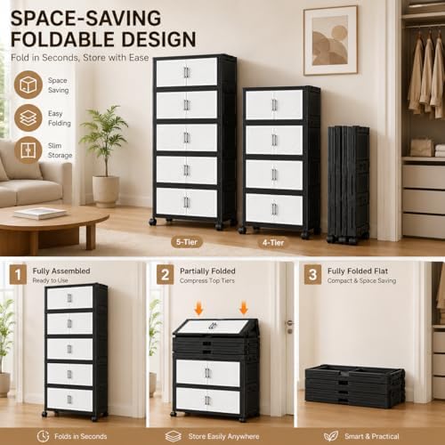 3 Tier Foldable Storage Cabinet with Wheels and Magnetic Doors - Image 3