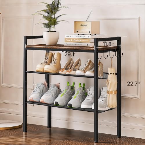 3 Tier Shoe Rack, Shoe Rack for Entryway with Hook, Shoe Organizer with Adjustable Mesh Shelves, Metal Shoe Storage, Closet, Bedroom Living Room Garage - Image 2