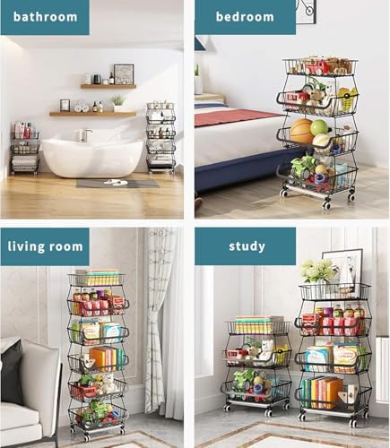 CarolynDesign Kitchen Storage Baskets Black Iron Wire Storage Bins with Wheels and Feet, Stackable Vegetable Storage Baskets (6-Tier Baskets) - Image 5