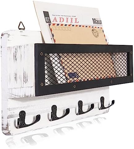 ADIIL Mail and Key Holder for Wall Decorative, Wooden Wall Mount Key Rack Hanger Organizer with 4 Double Key Hooks, Rustic Home Decor for Entryway Hallway, White by ADIIL