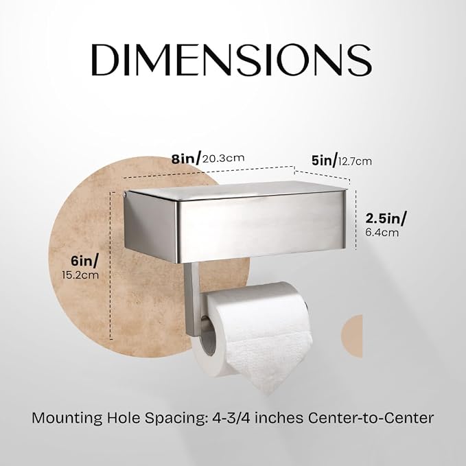 Day Moon™ - Toilet Paper Holder with Shelf - Modern Roll Holder for Bathroom - 1 Pack - Wall Mount - with Storage, Brushed Nickel - Image 6
