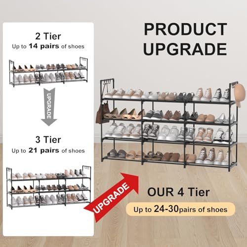 3 Row 4 Tier Long Shoe Rack, Black Metal Stackable Shoe Shelf with Multifunctional Hooks, Shoe Storage Hold 24-30 Pairs, Space Saving Shoe Organizer for Closet,Wide Shoe Rack - Image 6