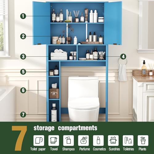 AKMAKM 31" W Over the Toilet Storage Cabinet with Fluted Door, Blue Bathroom Organizer with Adjustable Shelf, Toilet Paper Holder Stand Wave Door for Restroom, Laundry Room - Image 3