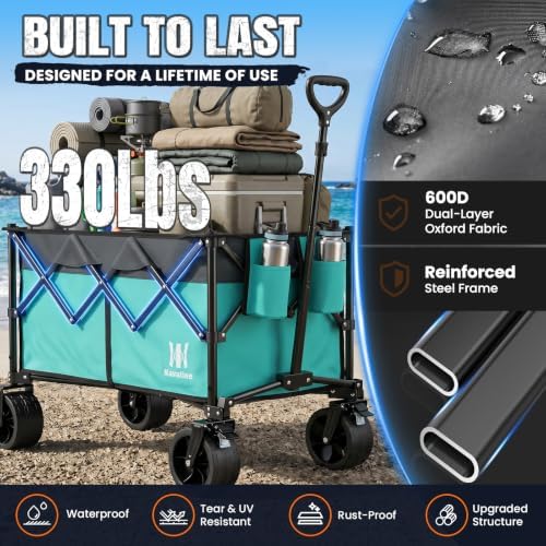 Navatiee 330Lbs Collapsible Folding Wagon, Beach Wagon Cart Heavy Duty Foldable with Big Wheels, Utility Grocery Wagon with 165L Large Capacity for Camping Garden Sports, Light Blue - Image 4