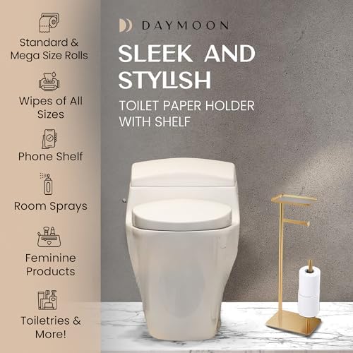 Day Moon™ - Toilet Paper Holder - Modern Roll Holder for Bathroom - 1 Pack - Free Standing - with Shelf, Gold - Image 2