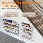 2 Pack Wall Mounted Shoe Rack, 4 Tier Hanging Shoe Rack Holds 32 Pairs, 17"-30" Adjustable Heavy Duty Wall Shoe Shelf with 4 Storage Hooks, Space Saving for Closet Entryway, White - Image 2