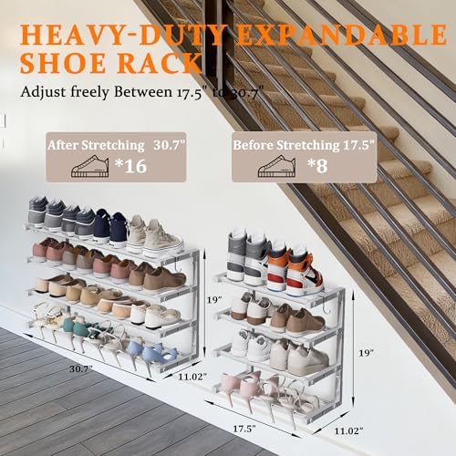 2 Pack Wall Mounted Shoe Rack, 4 Tier Hanging Shoe Rack Holds 32 Pairs, 17"-30" Adjustable Heavy Duty Wall Shoe Shelf with 4 Storage Hooks, Space Saving for Closet Entryway, White - Image 2