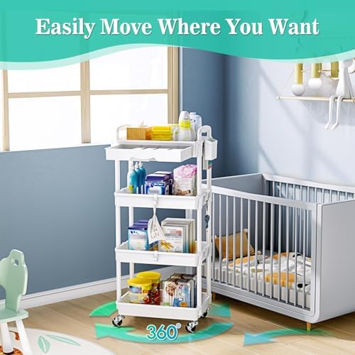SUNALLY 4 Tier Rolling Cart with Drawer, Craft Storage Cart Organizer,White - Image 4