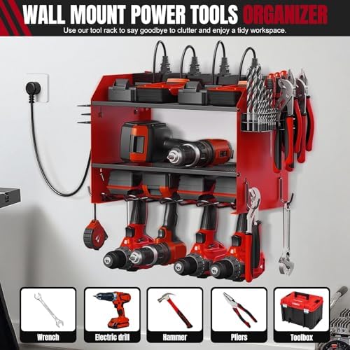 Modular Power Tool Organizer Wall Mount with Charging Station, 3-Layer Heavy Duty Drill Holder Rack & 8-Outlet Power Strip for Garage Workshop Storage - Image 3