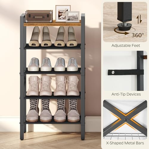 YATINEY 5-Tier Narrow Shoe Rack, Tall Shoe Rack for 5-10 Pairs, Slim Shoe Storage Organizer with Wooden Top, Space Saving, Metal Frame, for Entryway, Rustic Brown and Black SS65BR - Image 7