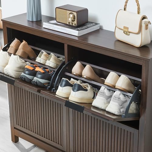 4-Flip Drawer Shoe Cabinet Narrow Entryway Rack, Brown - Image 6