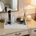 HofferRuffer Faux Leather Vanity Tray, Elegant Desktop Storage Organizer, Decorative Catchall for Perfume, Bathroom Valet, Nightstand or Dresser, 10.2 x 8.4 x 1.8 inches (Grey Stripe) - Image 3