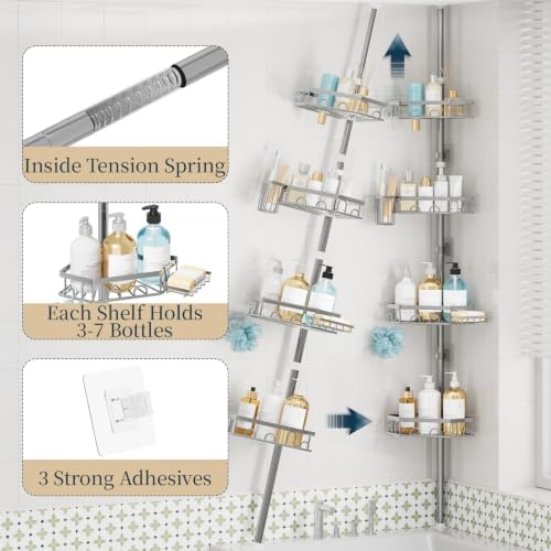 Consumest Shower Caddy Tension Pole, Shower Caddy Corner, Silver, 4 Tier - Image 5