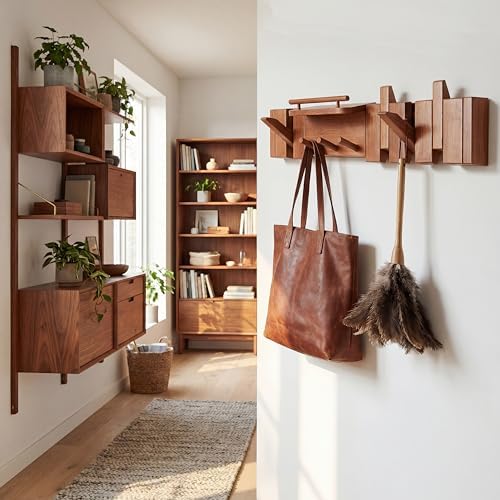 Mid Century Modern Wood Coat Rack Wall Mount with Shelf, 7 Hooks, Walnut - Image 2