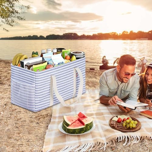 LHZK Standing Extra Large Utility Tote Bag with Metal Wire Frame and the Sides Rinforced, Extra Large Tote Bag with Handle, Reusable Grocery Bags Foldable, Beach Bag, Car Tote (Blue) - Image 6