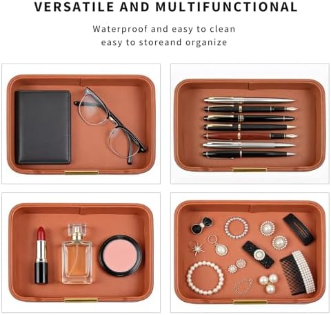 Luxury Leather Valet Tray Desktop Storage Organizer,Bedside Vanity Catchall Tray Nightstand Caddy Holder for Cosmetic,Jewelry,Watch,Keys,Phone,Wallet,Remote Controller,Pen,Orange - Image 5