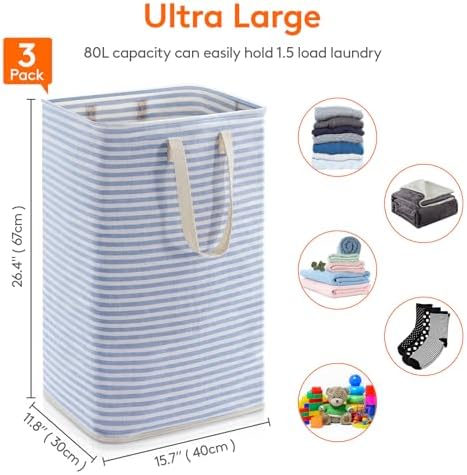 Lifewit 3 Pack Laundry Basket 80L Each, Collapsible Clothes Hamper with Reinforced Handles, Freestanding Waterproof Design for Bedroom and Laundry Room, Blue 240L Total | Foldable Washing Hamper, Dirty Clothes Basket, Laundry Bin for Storage, Clothes a... - Image 3
