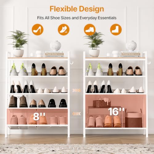 5 Tier Shoe Rack, Shoe Rack for Entryway with Hook, Shoe Organizer with Adjustable Mesh Shelves, Metal Shoe Storage, Closet, Bedroom Living Room Garage - Image 2