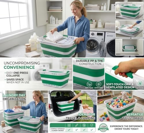 SAMMART 42L (11 Gallon) Collapsible Plastic Storage Basket - Foldable Pop Up Storage Container/Hamper - Portable Laundry Organizer - Space Saving (White/Winter Green, 42L (Style A)) - Image 4