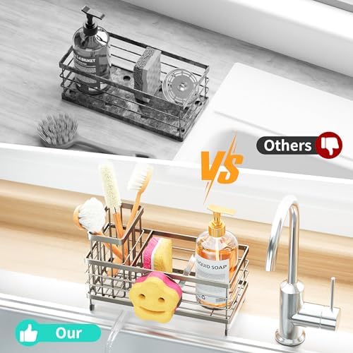 HapiRm Sink Caddy Sponge Holder - Self-draining Kitchen Sink Organizer with Smiley Face and Brush Holder, Stainless Steel Kitchen Organizer for Countertop - Brushed Nickel - Image 6