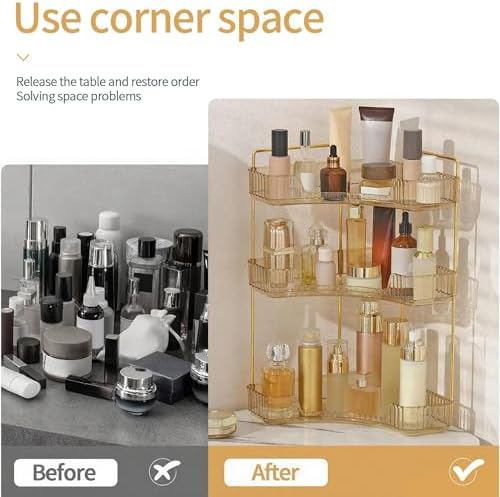 INVSSENE Corner Bathroom Countertop Organizer, Vanity Organizer Trays for Counter, Makeup Organizers, Perfume Tray, Skincare Shelf Storage Gifts for Women Girl Student (Yellow, 3 Tiers) - Image 3
