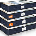 90L Under Bed Storage Containers, Storage Bags, Organizers, 4-Pack, Blue | Foldable, Soft Fabric, Closet Organizers, Reinforced Handle, Label Holder, Clear Window, for Comforters, Clothing, Blankets by Unknown